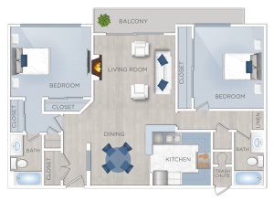A floor plan of a two bedroom apartment available for rent in Valley Village, CA.