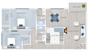 An apartment floor plan for two bedrooms in Valley Village CA for rent.