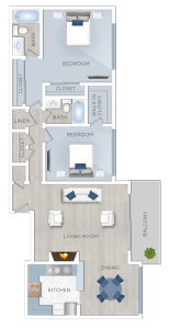 An ideal floor plan of a two bedroom apartment available for rent in Valley Village, CA.