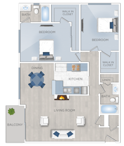 An informative floor plan depicting a cozy two bedroom apartment available for rent in the vibrant neighborhood of Valley Village, CA.